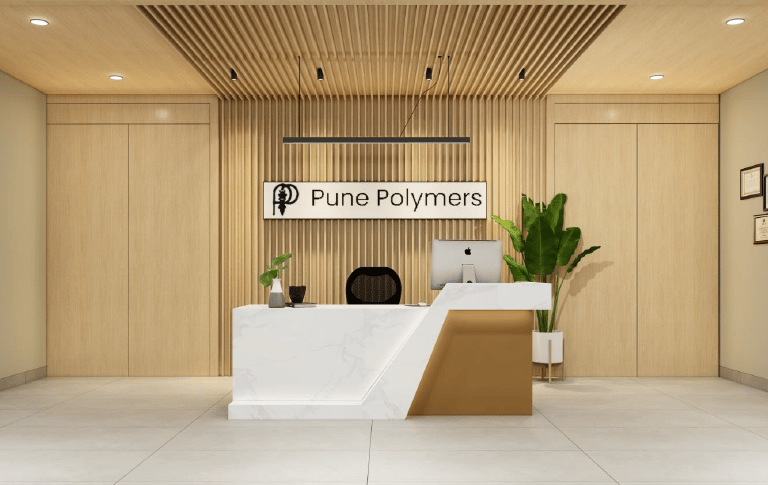 Contemporary reception desk with wooden slat ceiling design - Amuk Modular commercial interior Pune 