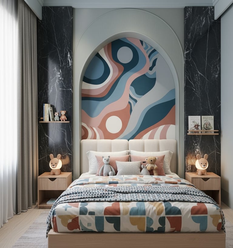 Designer bedroom with artistic headboard wall and custom furniture - Amuk Modular bedroom solutions 