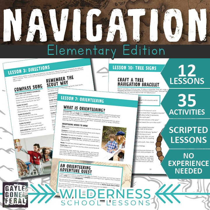 Elementary navigation curriculum previews lesson plans for orienteering and wilderness survival skills for kids.