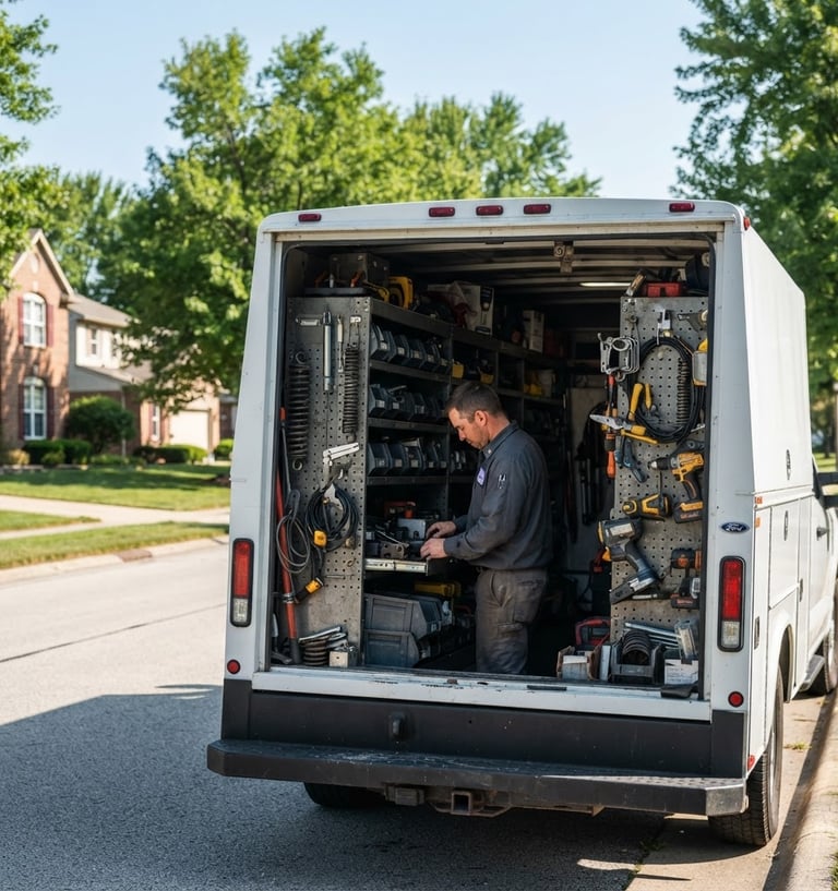 Fully stocked service truck for Venture Garage Door's Repairs, parked on a sunny Greenfield street, technician checking tools in the back, natural daylight, medium shot.