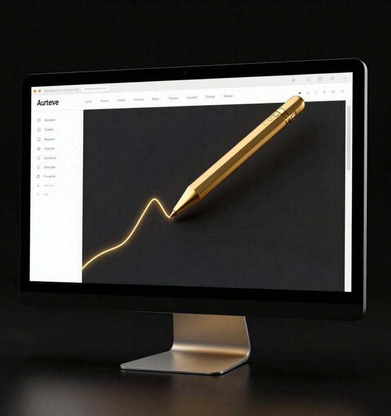 A modern computer monitor displaying a gold pen drawing a glowing financial growth chart on a dark interface.