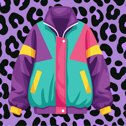 Retro 90s colorful windbreaker jacket illustration with geometric patterns on a purple leopard print background.