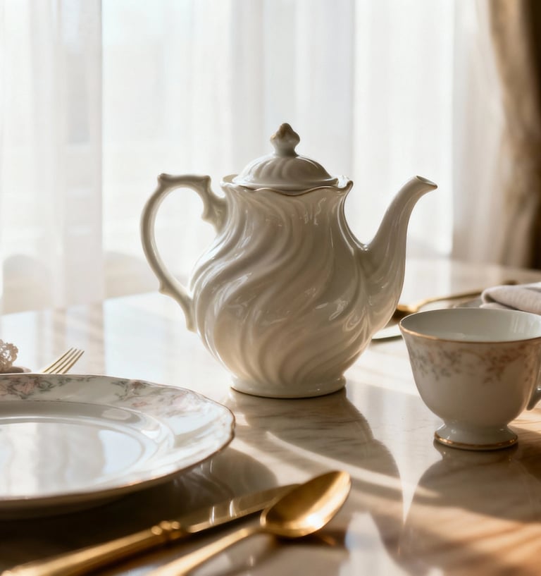 refined table setting with teapot, ceramic tableware, and soft natural light in a warm decor scene