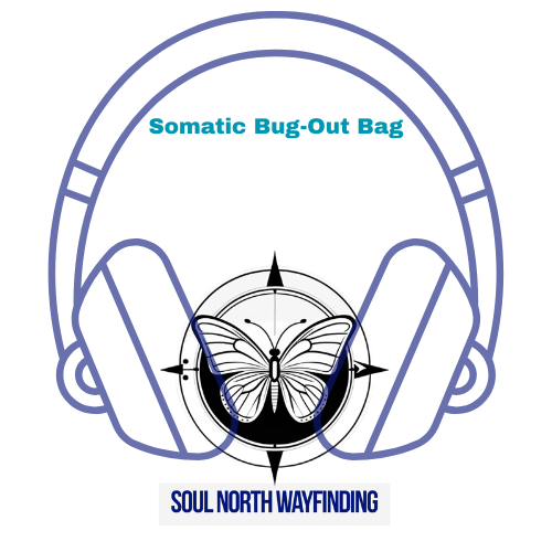 Somatic Bug-Out Bag logo featuring headphones, a butterfly, and a compass for Soul North Wayfinding.