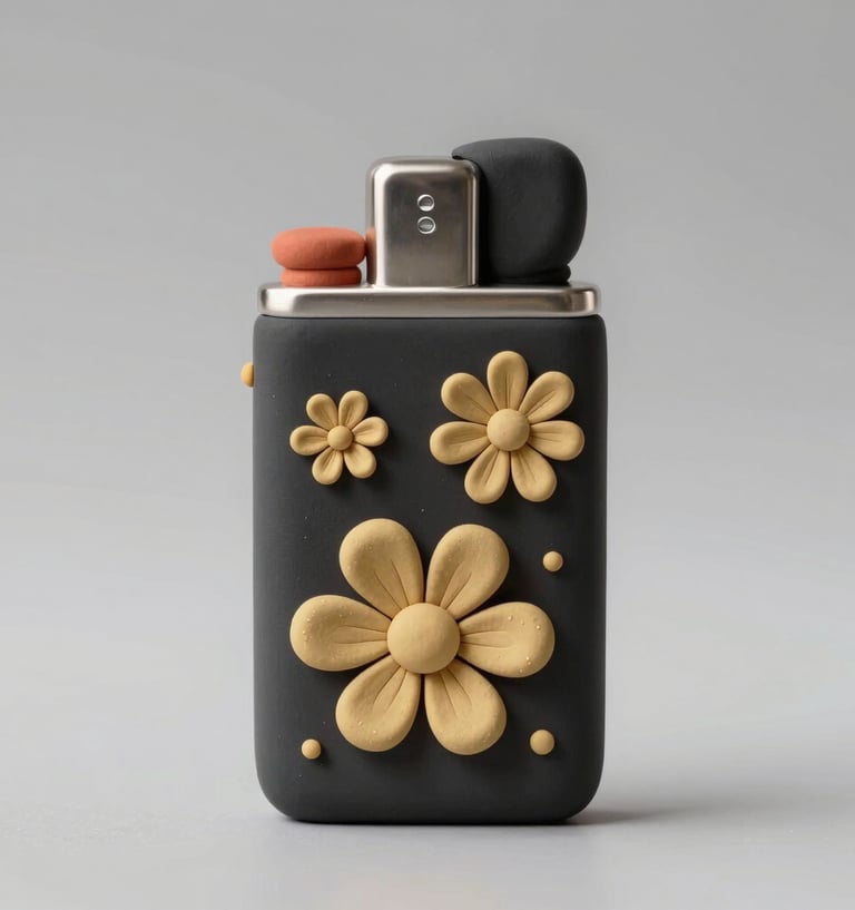 Close-up of a colorful, handmade clay lighter cover with whimsical patterns
