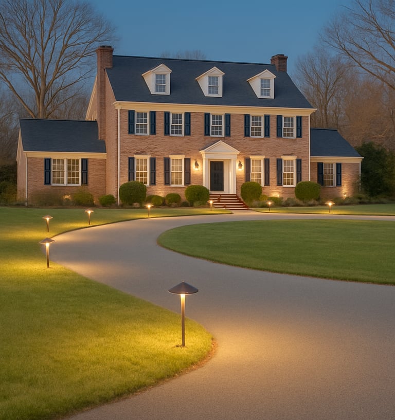An image of a house that has landscape lighting on it as well as around the circle driveway.