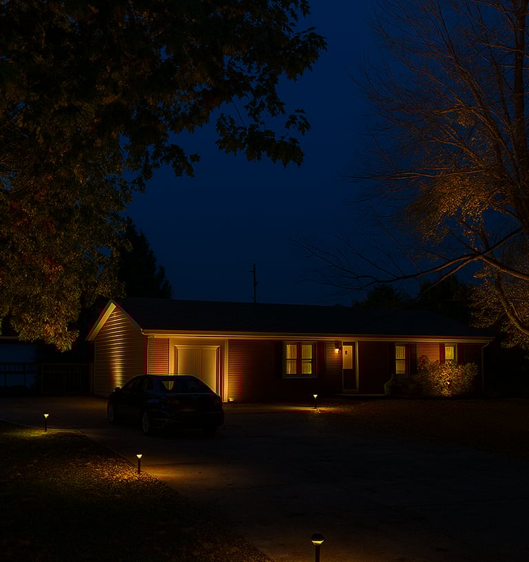 A house that has landscape lighting on both the house and driveway