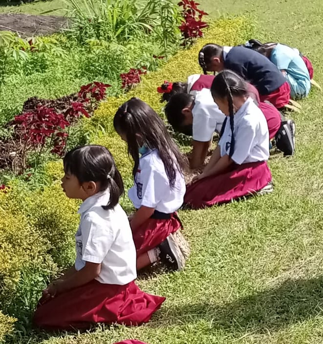 a group of children praying on the grass