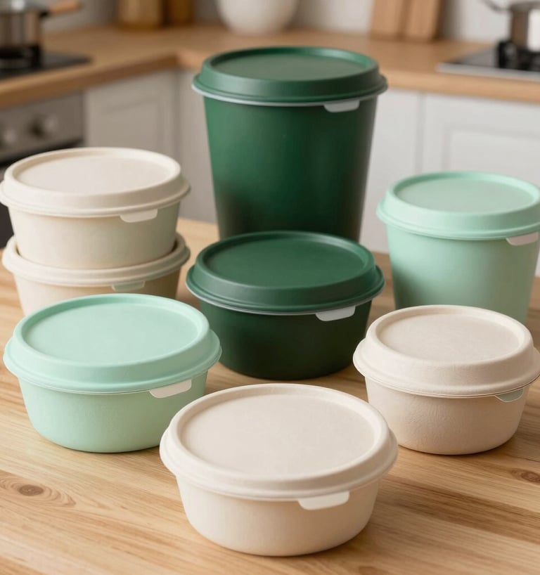 A clean, high-resolution product showcase of biodegradable round food boxes and heavy-duty delivery containers. Arranged beautifully on a light natural wood texture table, capturing details of secure lids and organic textures. Set in a contemporary, brightly-lit South Asian / Indian cloud kitchen context in Bihar. Color tones of light mint green, forest green, and soft off-white dominate the palette.