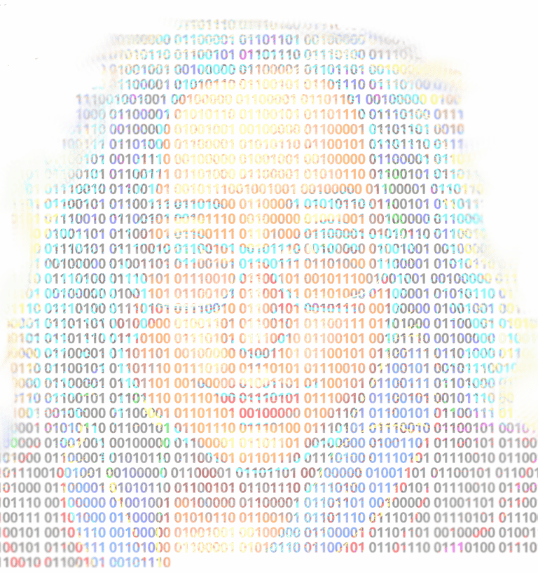 A colorful and  highly stylized image of a face with glasses formed from a block of 0's and 1's