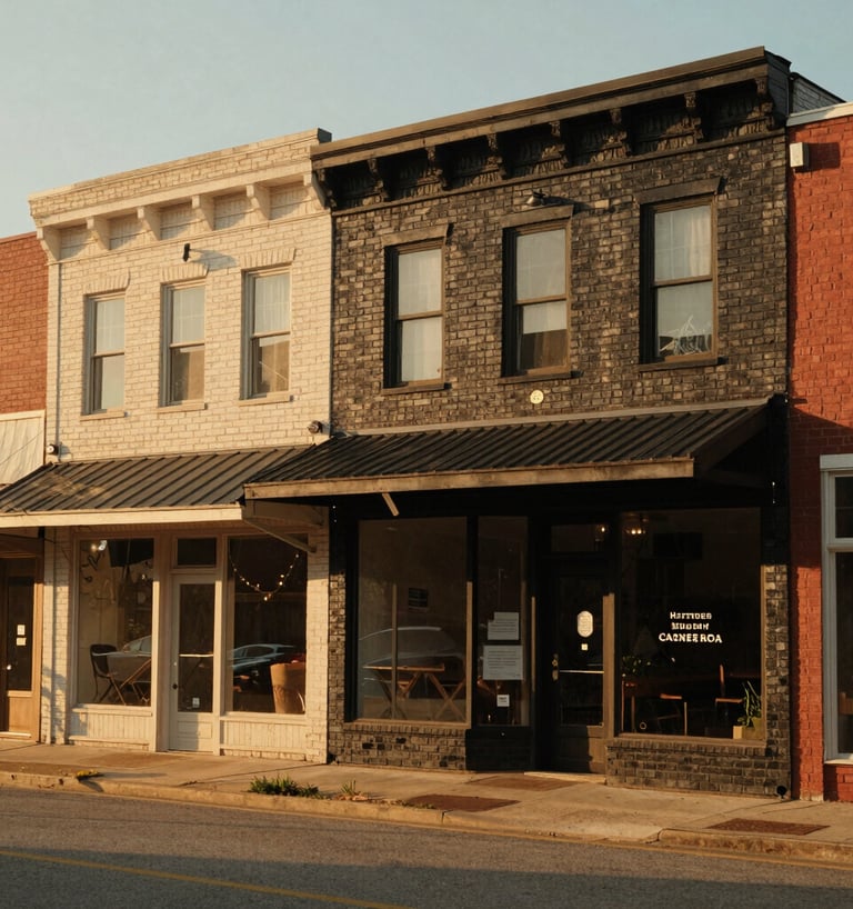 Warm editorial photography of Sterling Kansas main street storefront during golden hour, soft natural light, authentic small-town setting, 35mm