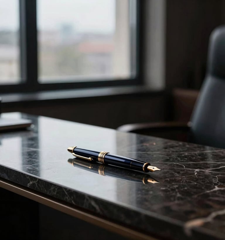 Dramatic low-key side-lit window daylight reflecting on a modern dark marble office desk with a luxury fountain pen on top, shallow depth of field, 50mm lens, deep navy and bronze tones