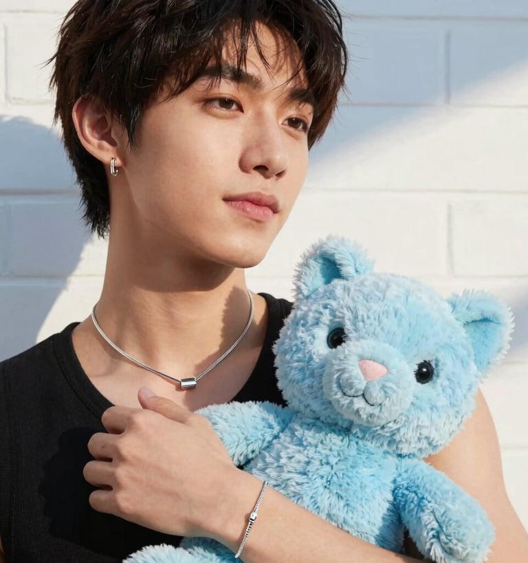 A close-up shot of a chic young individual from the North American / Global Trendy Demographic holding a cute pastel blue plush toy and wearing trendy minimalist silver jewelry, standing in front of a clean white brick wall with soft sky blue shadows. High fashion, warm natural sunlight, joyful and playful charm.