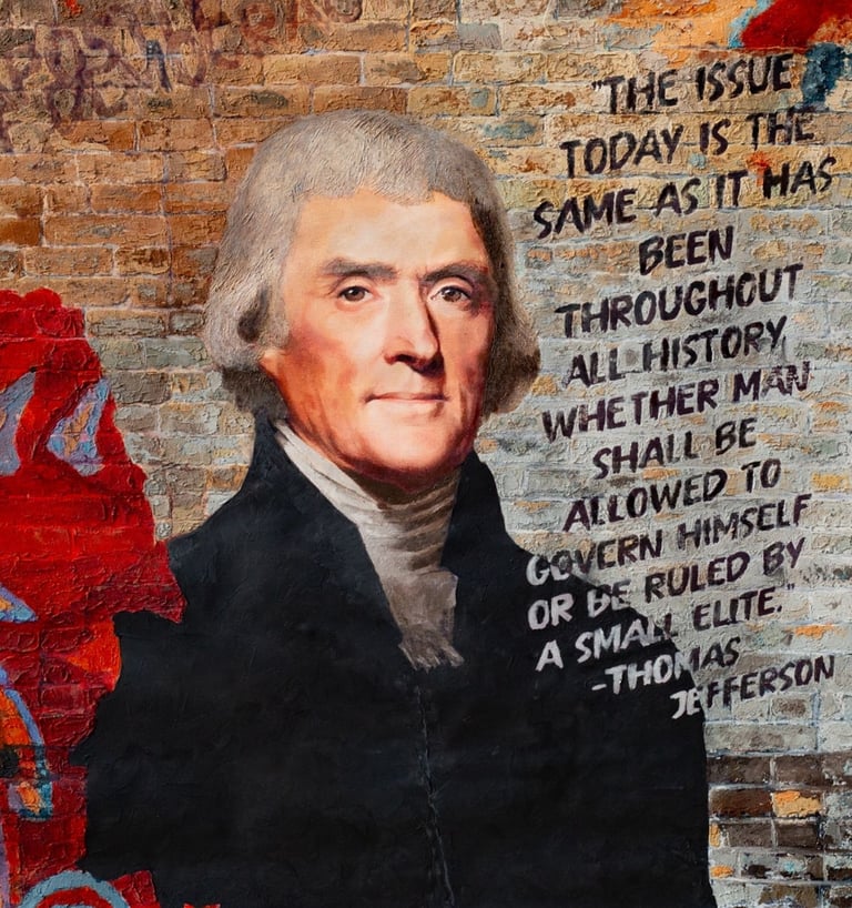 Mixed media portrait of Thomas Jefferson by Martin Osner with his quote on a graffiti brick wall.