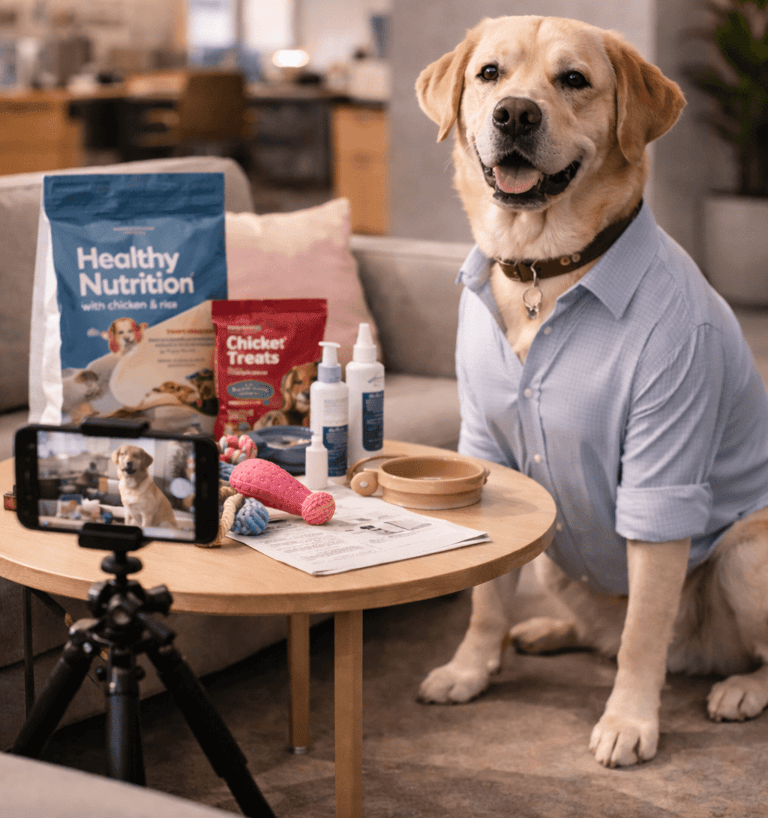 A Golden Labrador in a blue shirt posing for a pet product video with healthy dog food and treats.
