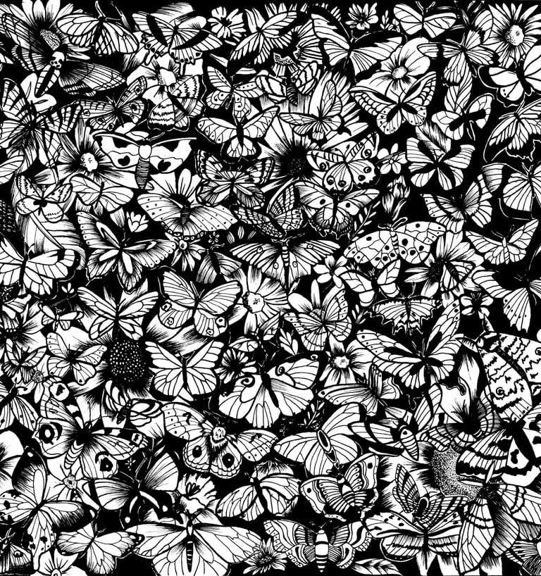 un dessin en noir et blanc d'un bouquet de papillons