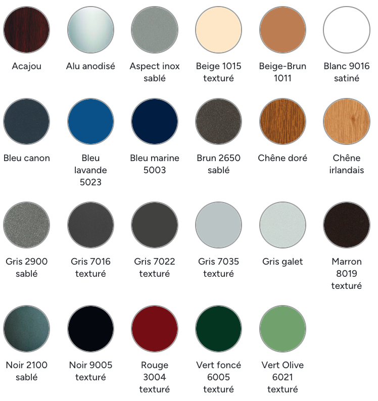 Nuancier de couleurs pour volets roulants aluminium, large choix de teintes sur mesure