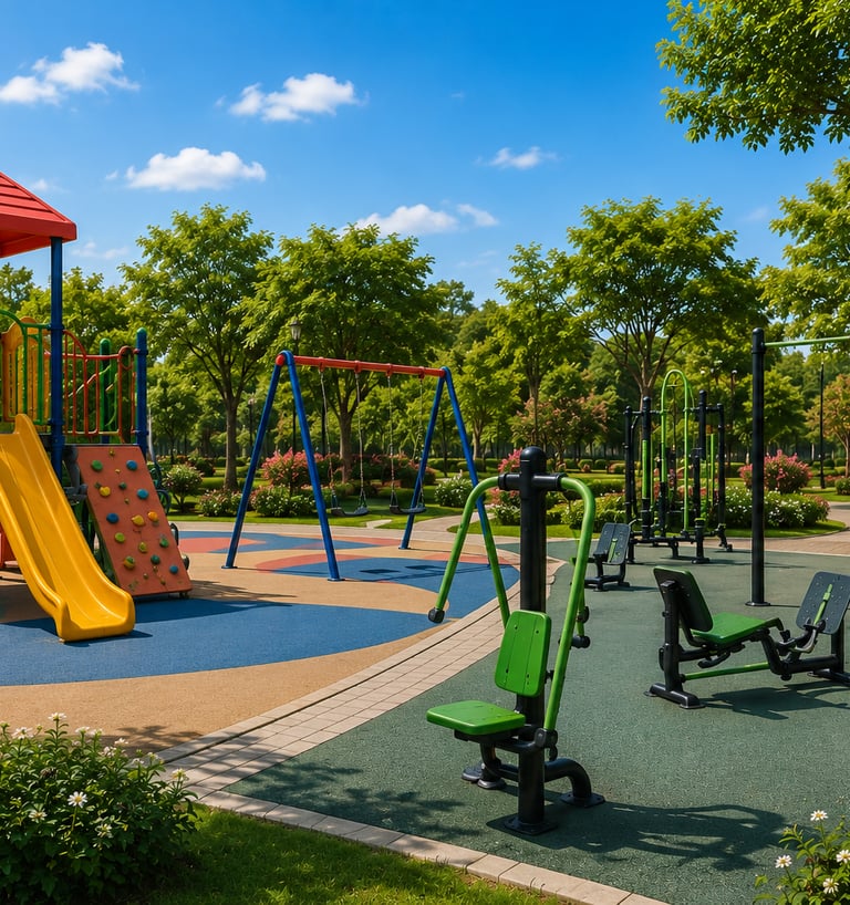 Outdoor community park with colorful children's playground equipment and green outdoor gym fitness machines.