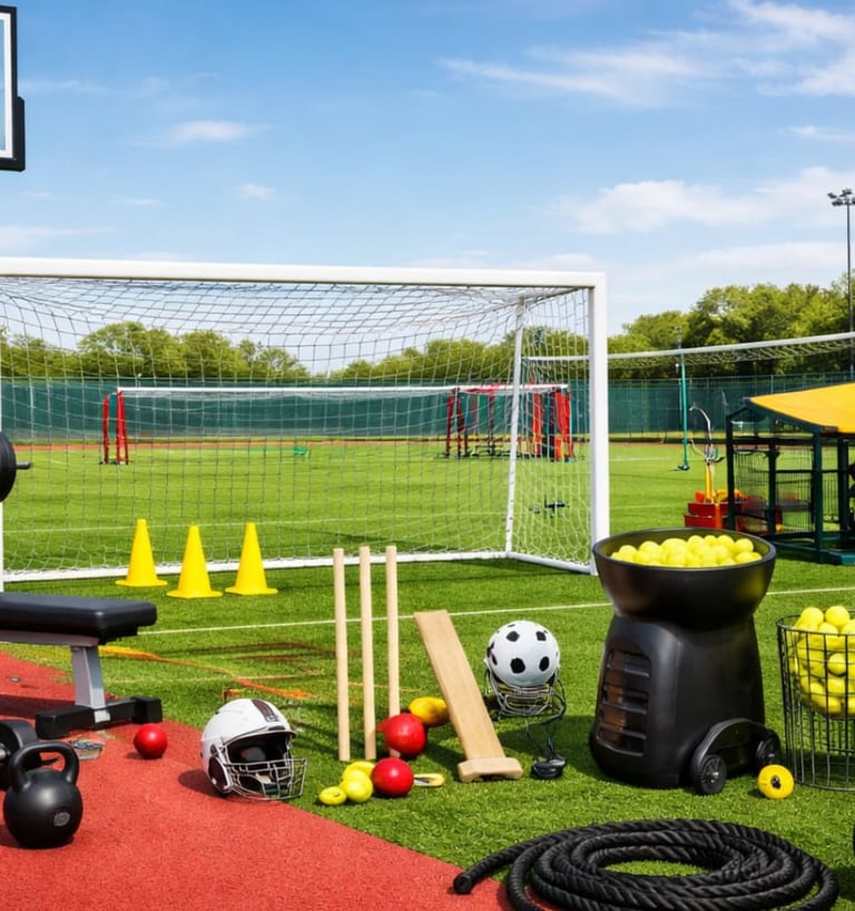 Variety of outdoor sports equipment including weights, basketball hoop, and soccer goal on a green field.