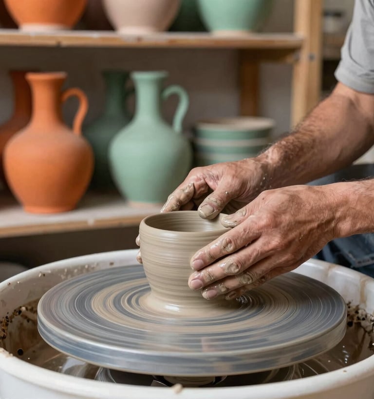 An artisan potter's hands gently shaping a smooth stoneware clay piece on a rotating wheel in a studio setting in Turkey / Mediterranean. Background softly blurred featuring colorful terracotta orange and sage green ceramic pieces on open wooden shelves.