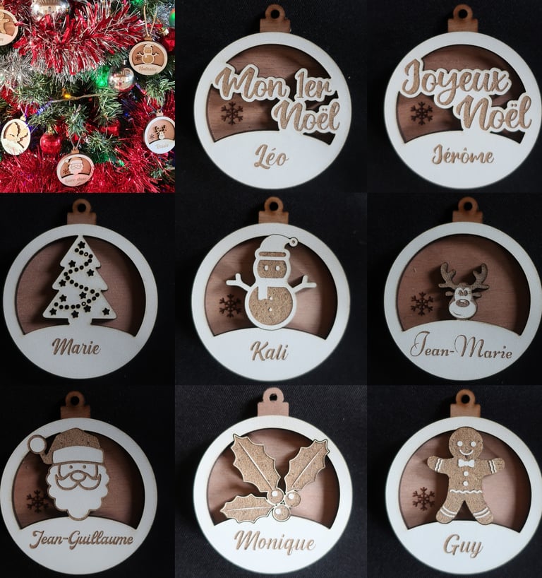 Boules de Noël bi-couches gravées et découpées au laser