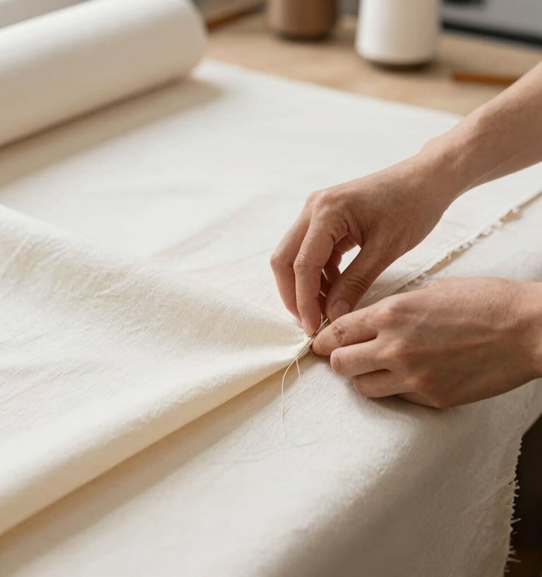 A highly professional, minimalist photograph of an artisan carefully tailoring high-quality cream and earthy tan cotton fabrics in a bright, sunlit, clean workshop. Focus is on the traditional, skilled hands handling the textiles, conveying authenticity and sustainability for Global Premium / North American and European Retailers.