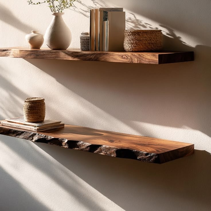 Custom live edge double wood shelf in black walnut, handcrafted in Canada