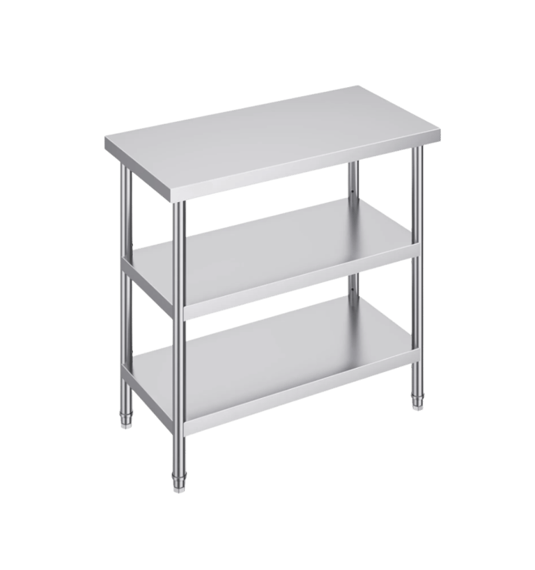 Stainless steel prep table from our light duty range with two solid under shelves for maximum storage.