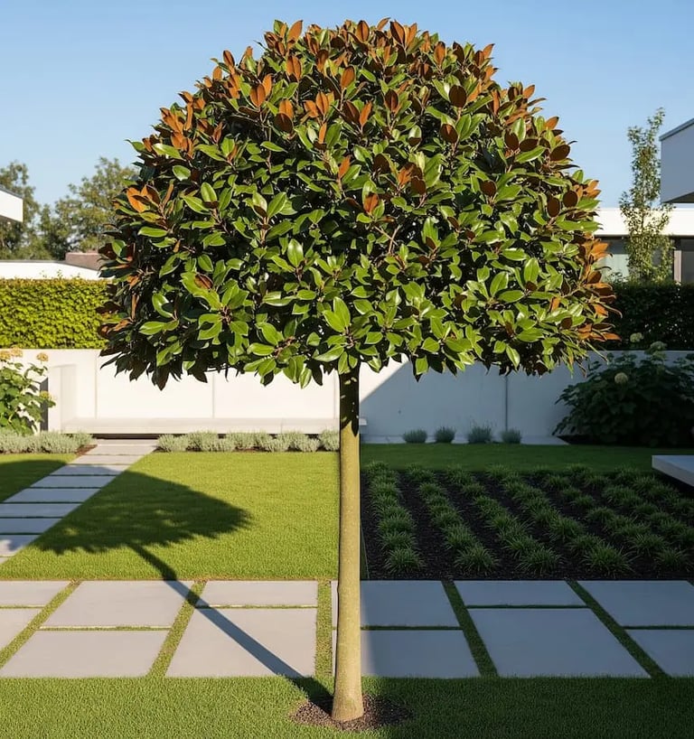 Magnolia grandiflora formada en árbol bien podado se integra perfectamente en jardín moderno