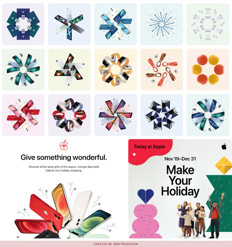 Apple holiday-themed product display with a clean, minimalist design and subtle wintery touches.