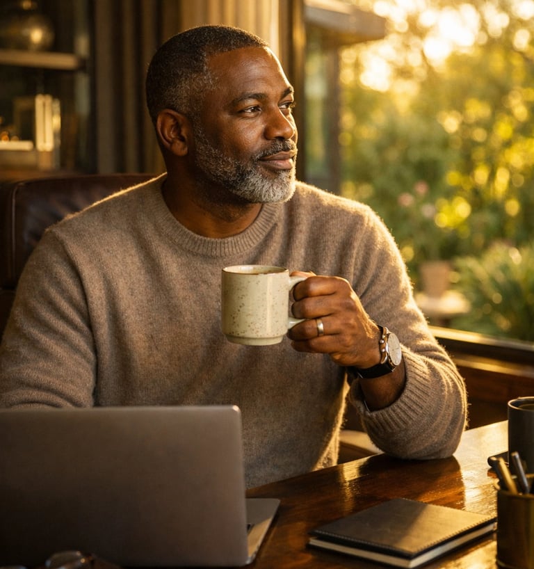 A black man sitting next to a minimalistic office with a view of the window Holding a mug a coffee
