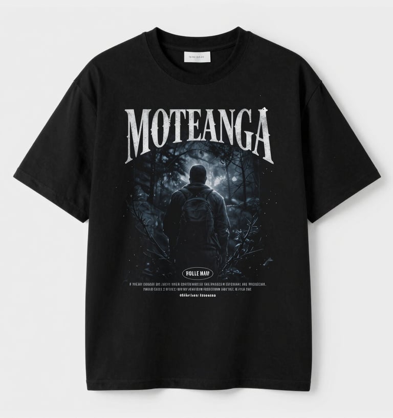 Close-up of a black oversized streetwear t-shirt with bold graphic print on a dark background