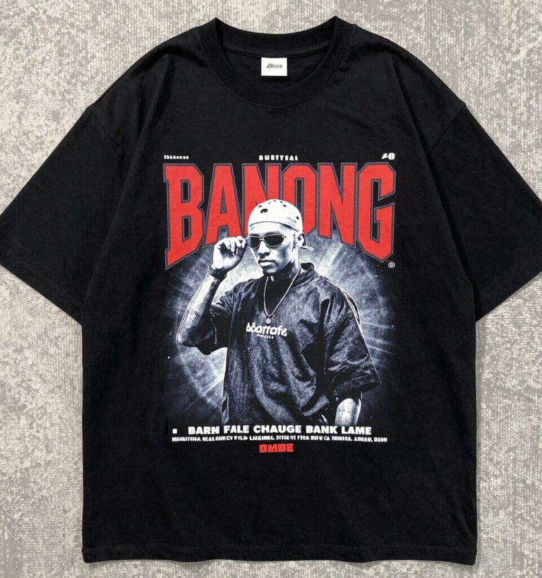  black oversized streetwear t-shirt with bold graphic print on a dark background