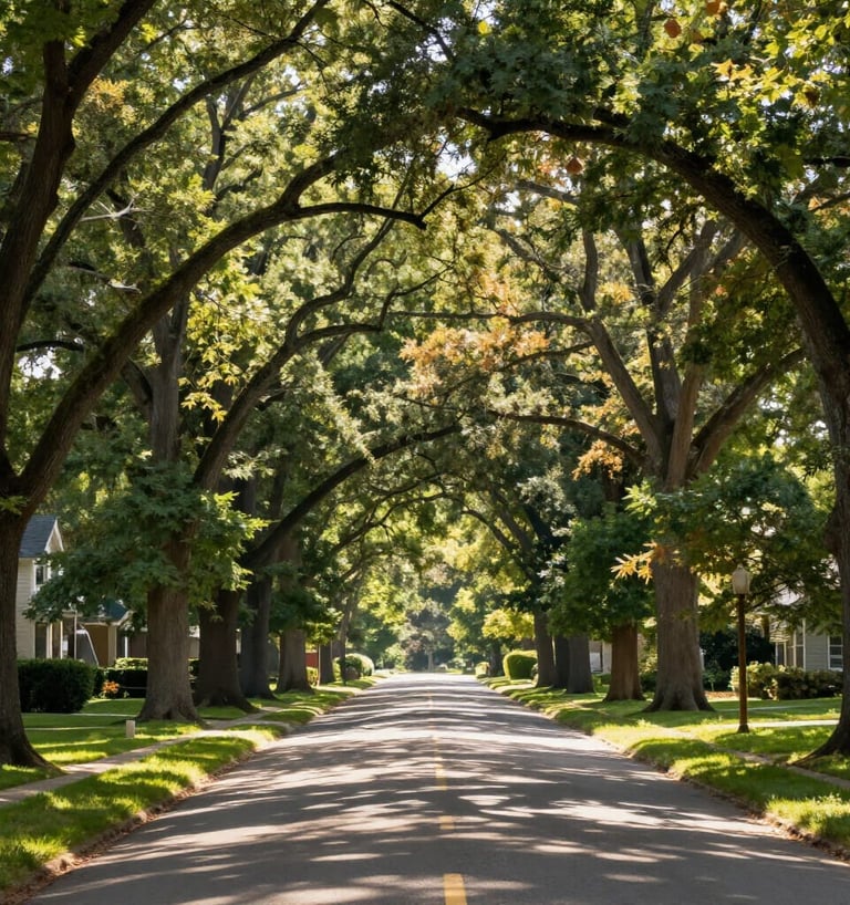 A view of a neighborhood street.with mature trees arching from both sides over the street