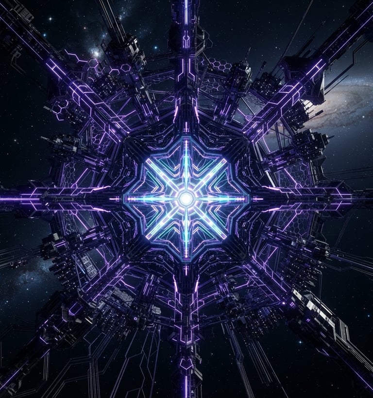 Stark architectural schematic of a megastructure, high-contrast cosmic lighting, deep obsidian and ultraviolet tones, sharp geometric telemetry, macro scale