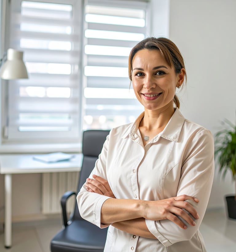 Mujer profesional sonríe en un consultorio