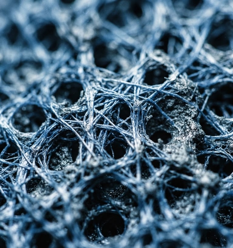 Macro close-up of a sterile, high-contrast biomedical texture under cold blue and white laboratory light, sharp shadows, technical detail, 35mm
