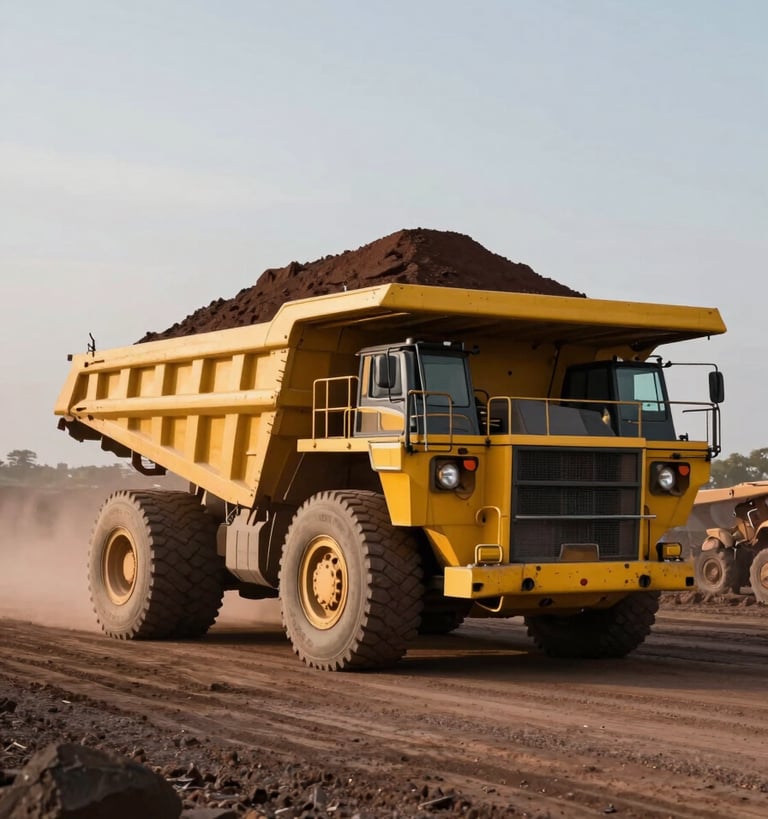 A massive yellow mining truck carrying a full load of copper ore on a wide dirt road, wide angle shot, dramatic morning light, efficiency and scale, global professional context.
