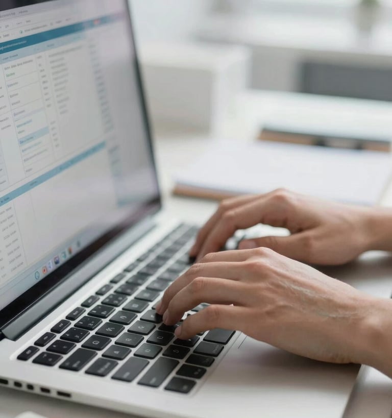 Close-up of hands on a laptop keyboard in a brightly lit open-plan office workspace, monitor displaying a data dashboard, clean cool white ambient light, shallow depth of field on the fingers, desk surface with notebook and pen visible at edge of frame