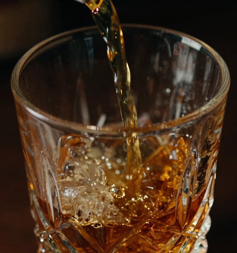 Extreme close-up of amber liquid pouring into a heavy crystal glass, dramatic low-key lighting, golden reflections, anamorphic depth of field.
