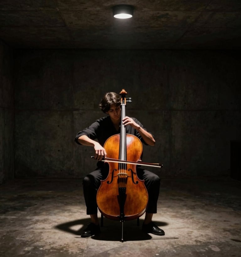 A dramatic portrait of a cellist performing in an empty concrete hall, moody single spotlight from above, deep shadows.