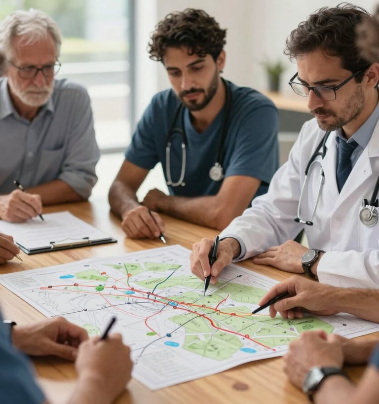 A close-up environmental shot of a community-led planning session, local healthcare leaders and engineers looking over a route map on a wooden table, bright natural daylight.