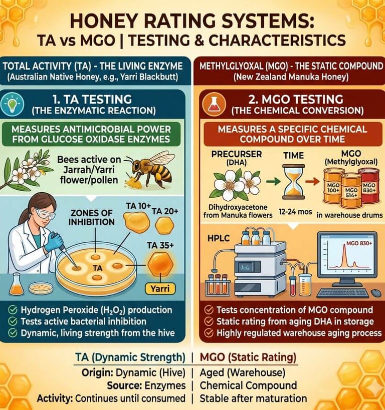 Infographic comparing TA and MGO honey ratings
