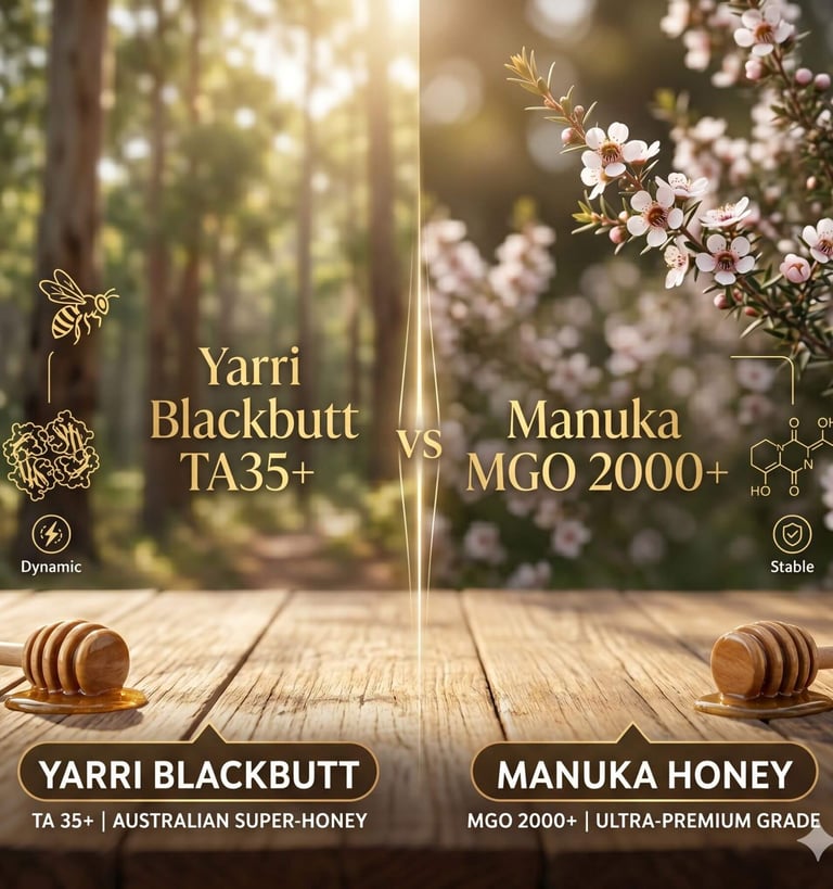 Comparison of Yarri Blackbutt TA35+ and Manuka Honey MGO 2000+ on a wooden table in a forest.