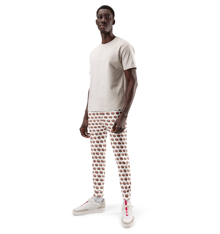 model wearing joggers with an all over print of a brain