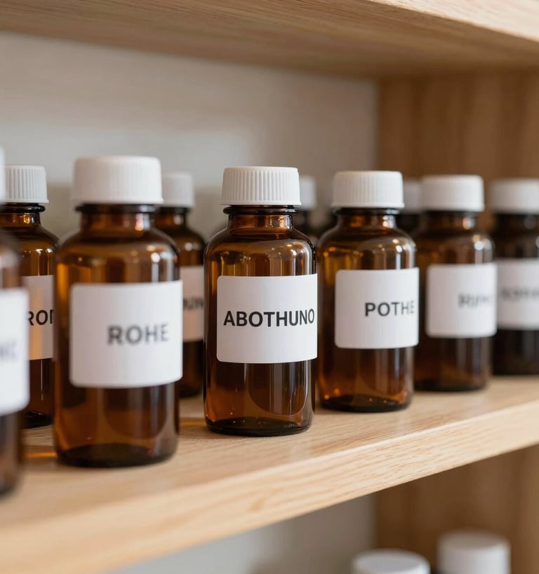 A close-up of neatly labeled amber apothecary jars on a clean wooden shelf, soft diffused daylight streaming from the side, pristine and clinical environment.