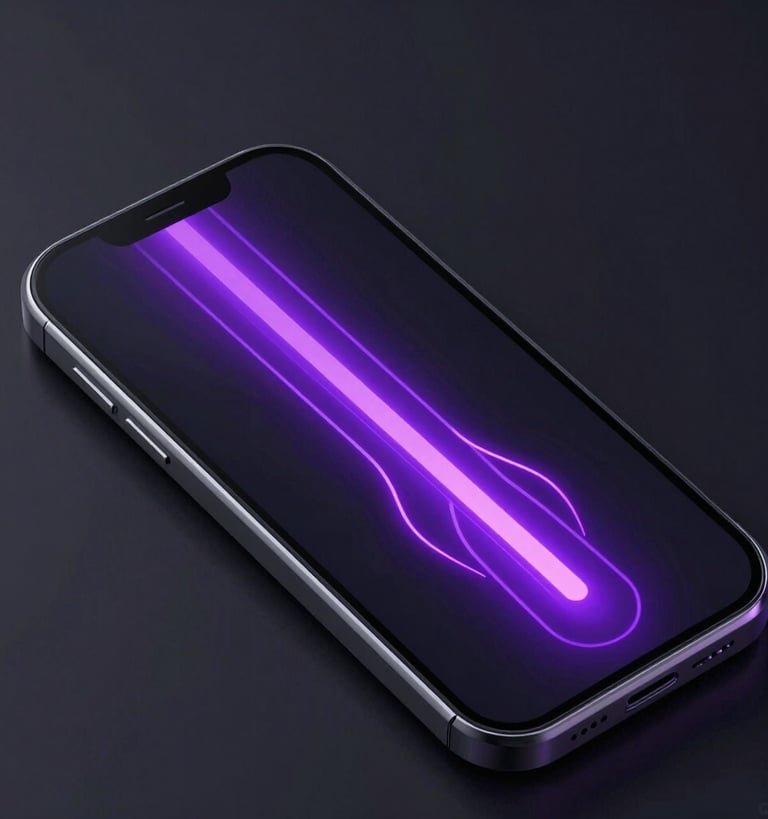 Sleek 3D render of a mobile game UI with realistic physics elements, vibrant neon purple trails on a dark screen, glassmorphism, isometric angle