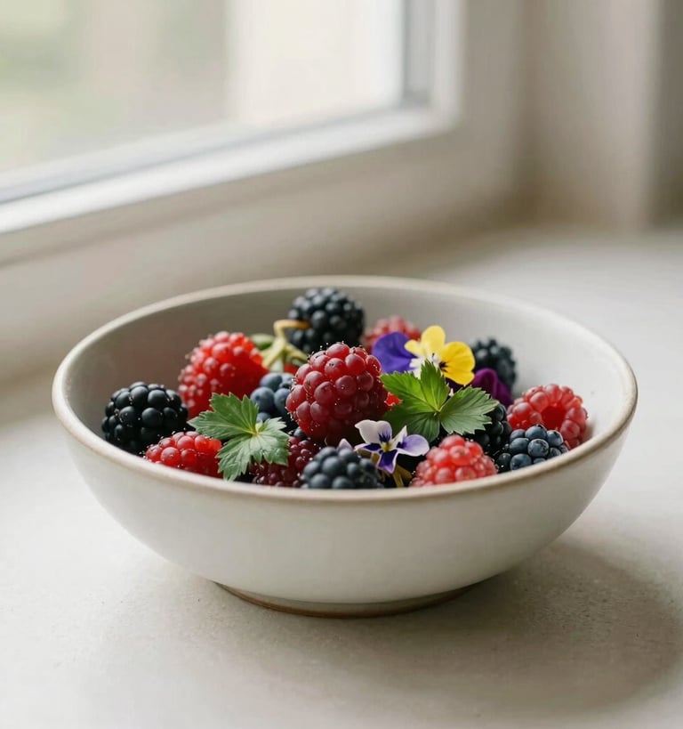Minimalist ceramic bowl with wild berries and edible flowers, soft window daylight, shallow depth of field, warm editorial style