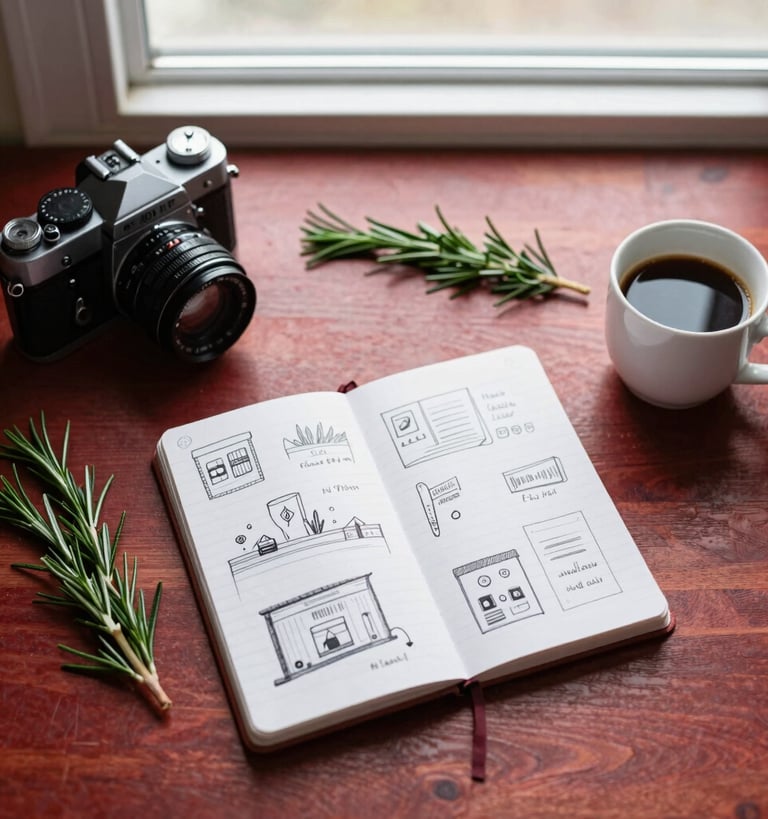 Flatlay of a wooden desk with a vintage camera, a notebook with hand-drawn layouts, fresh rosemary sprigs, and a cup of coffee