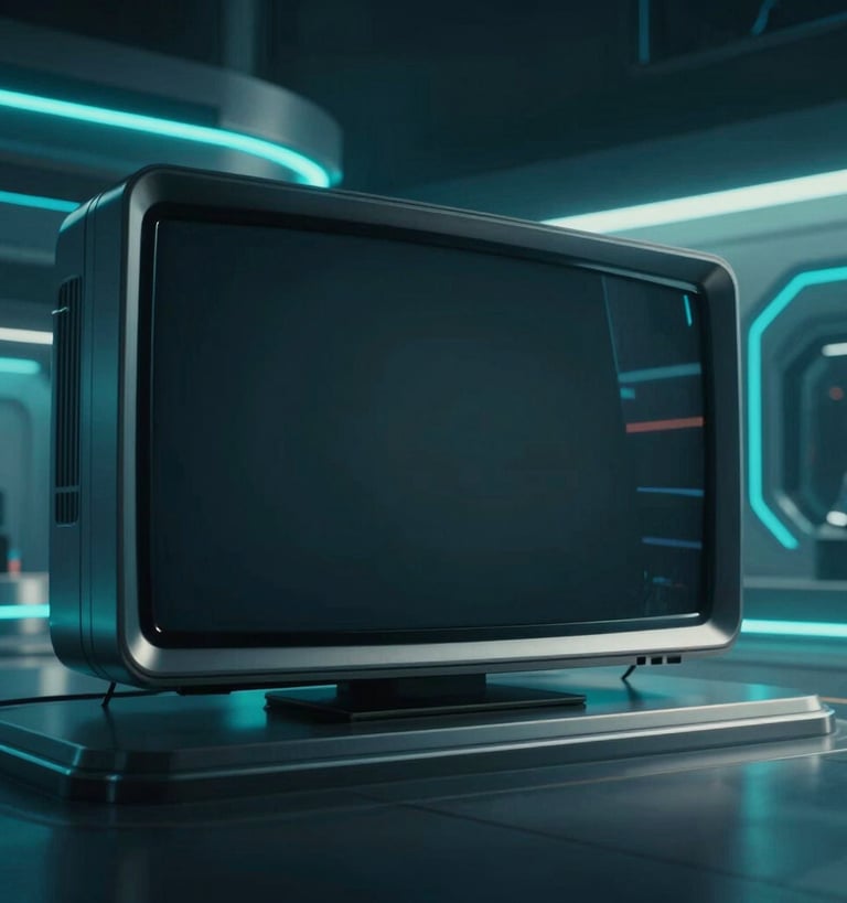 Widescreen 21:9 anamorphic still of a futuristic television commercial set, sleek metallic structures, high-contrast neon cyan lighting, haze in the air.